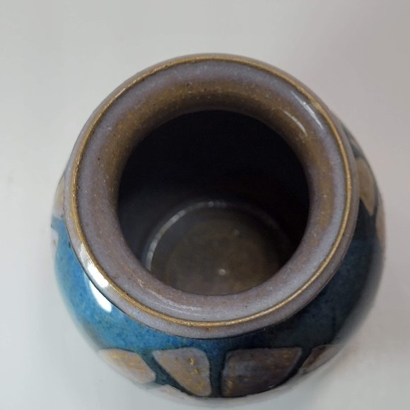 Handmade Vase Stoneware Pottery Turtle Shell Design Blue Glaze Signed - Picture 6 of 6